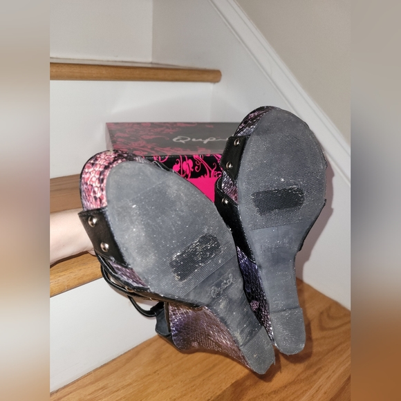 Purple, Blue, Pink Snakeskin Patterned Wedges with Black Faux Leather Straps - Picture 6 of 6